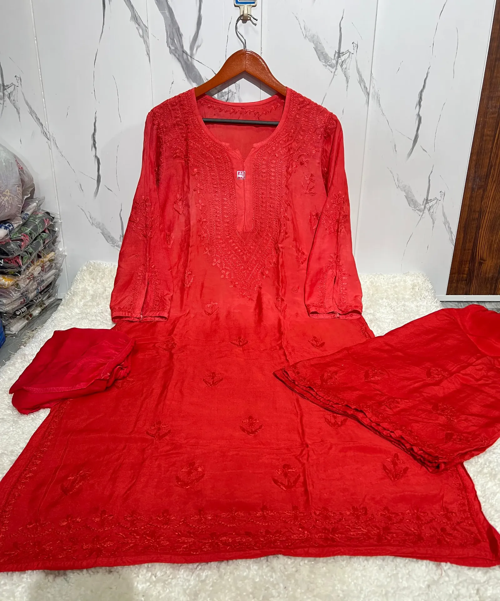 MUSLIN KURTI PLAAZO WITH SHIFFON DUPATTA SET (Scarlet Red, 38)