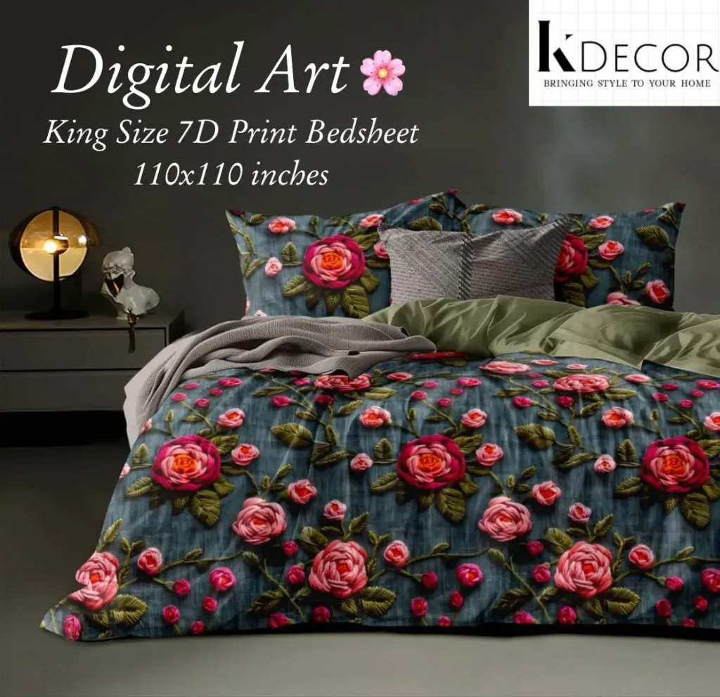 Super King Size 7D Digital Prints Bedsheet Set (Charcoal & Crimson Rose)