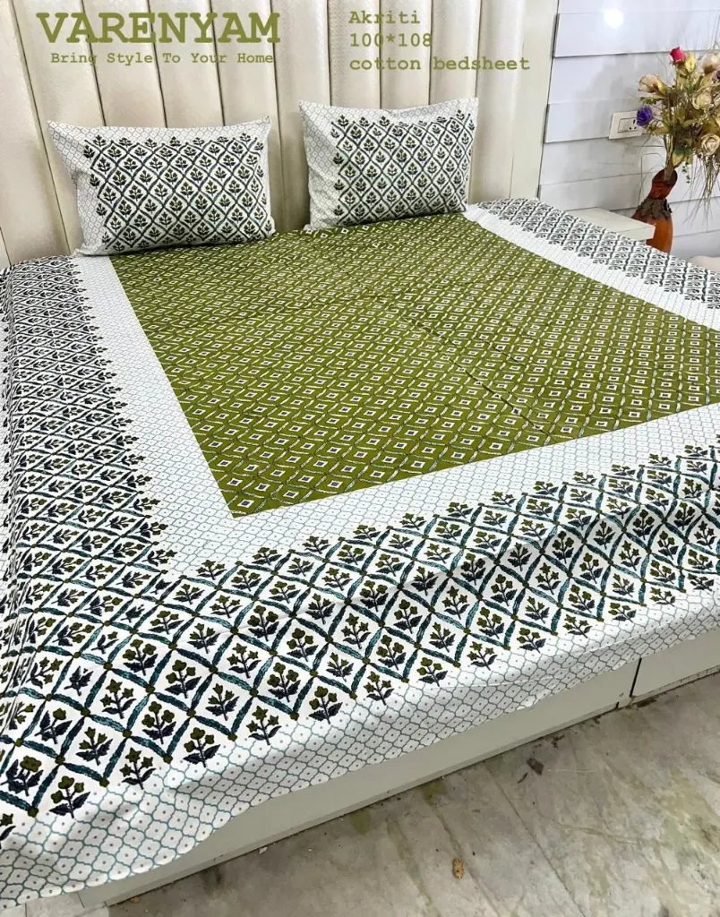 AKRITI Pure Cotton King Size Bedsheet Set (Green)